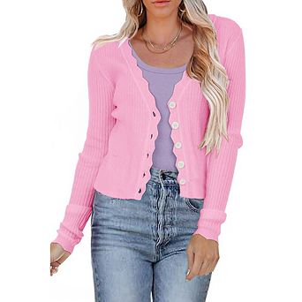 Women's Cropped Ribbed Knit Cardigan Scalloped Edge Button Down Long Sleeve Lightweight Sweater Top