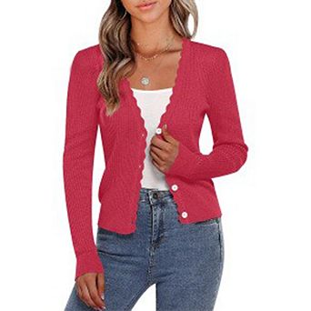 Women's Cropped Ribbed Knit Cardigan Scalloped Edge Button Down Long Sleeve Lightweight Sweater Top