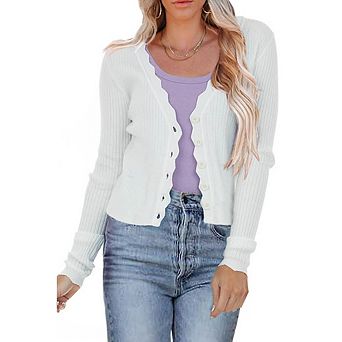 Women's Cropped Ribbed Knit Cardigan Scalloped Edge Button Down Long Sleeve Lightweight Sweater Top
