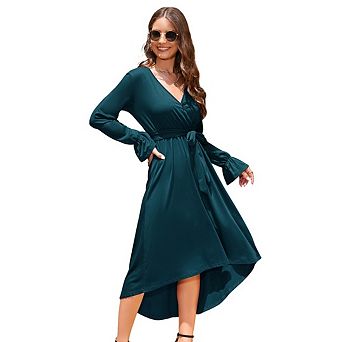 Women's Maternity Dress Autumn Long Sleeved V Neck High Low Hem Ruffled Maxi Dress
