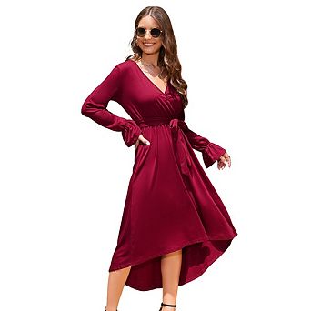 Women's Maternity Dress Autumn Long Sleeved V Neck High Low Hem Ruffled Maxi Dress
