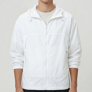 Men's Lightweight Hooded Windbreaker Jacket with Full Zip Closure Elastic Cuffs and Adjustable Hem