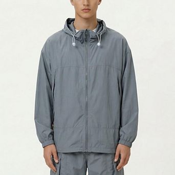 Men's Lightweight Hooded Windbreaker Jacket with Full Zip Closure Elastic Cuffs and Adjustable Hem