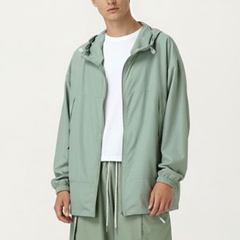 Men's Lightweight Hooded Windbreaker Jacket with Full Zip Closure Elastic Cuffs and Adjustable Hem