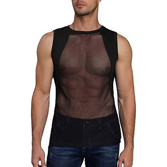 Men's Mesh Tank Top Sheer Crew Neck Sleeveless Shirt Casual Sporty Streetwear Muscle Tee