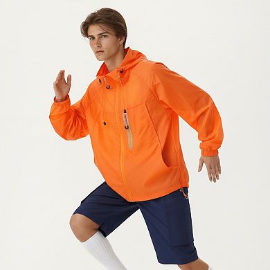 Men's Lightweight Windbreaker Jacket with Hood Full Zip Closure Drawstring Detail