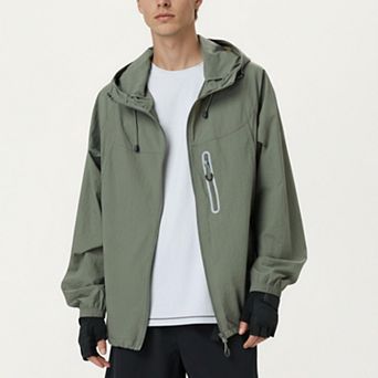 Men's Lightweight Windbreaker Jacket with Hood Full Zip Closure Drawstring Detail