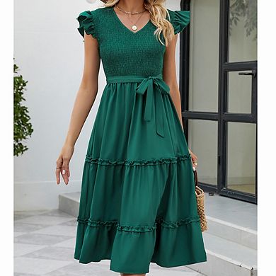 Women's V Neck Ruffle Sleeve Midi Dress Smocked Bodice Tiered Ruffle Casual Gingham & Solid Dress