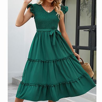 Women's V Neck Ruffle Sleeve Midi Dress Smocked Bodice Tiered Ruffle Casual Gingham & Solid Dress