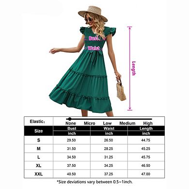 Women's V Neck Ruffle Sleeve Midi Dress Smocked Bodice Tiered Ruffle Casual Gingham & Solid Dress