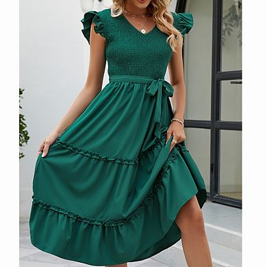 Women's V Neck Ruffle Sleeve Midi Dress Smocked Bodice Tiered Ruffle Casual Gingham & Solid Dress