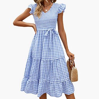 Women's V Neck Ruffle Sleeve Midi Dress Smocked Bodice Tiered Ruffle Casual Gingham & Solid Dress