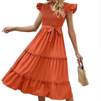 Women's V Neck Ruffle Sleeve Midi Dress Smocked Bodice Tiered Ruffle Casual Gingham & Solid Dress