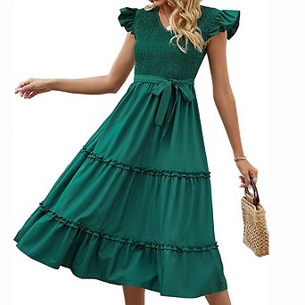 Women's V Neck Ruffle Sleeve Midi Dress Smocked Bodice Tiered Ruffle Casual Gingham & Solid Dress