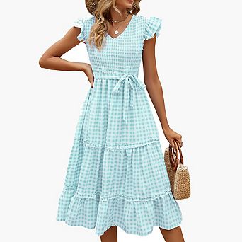Women's V Neck Ruffle Sleeve Midi Dress Smocked Bodice Tiered Ruffle Casual Gingham & Solid Dress