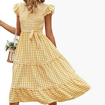 Women's V Neck Ruffle Sleeve Midi Dress Smocked Bodice Tiered Ruffle Casual Gingham & Solid Dress