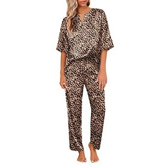 Ekouaer Satin Pajama Set Womens Silk Short Sleeve V Neck Shirt with Long Pant Soft Loungewear
