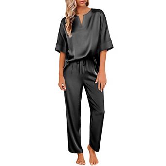 Ekouaer Satin Pajama Set Womens Silk Short Sleeve V Neck Shirt with Long Pant Soft Loungewear