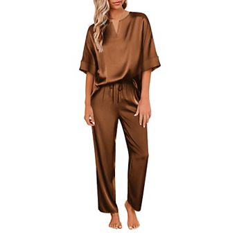 Ekouaer Satin Pajama Set Womens Silk Short Sleeve V Neck Shirt with Long Pant Soft Loungewear