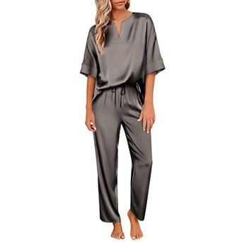 Ekouaer Satin Pajama Set Womens Silk Short Sleeve V Neck Shirt with Long Pant Soft Loungewear