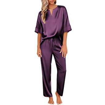 Ekouaer Satin Pajama Set Womens Silk Short Sleeve V Neck Shirt with Long Pant Soft Loungewear