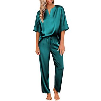 Ekouaer Satin Pajama Set Womens Silk Short Sleeve V Neck Shirt with Long Pant Soft Loungewear