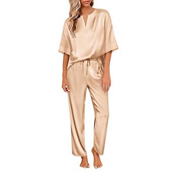 Ekouaer Satin Pajama Set Womens Silk Short Sleeve V Neck Shirt with Long Pant Soft Loungewear