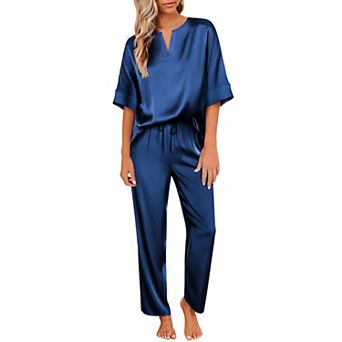 Ekouaer Satin Pajama Set Womens Silk Short Sleeve V Neck Shirt with Long Pant Soft Loungewear