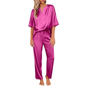 Ekouaer Satin Pajama Set Womens Silk Short Sleeve V Neck Shirt with Long Pant Soft Loungewear