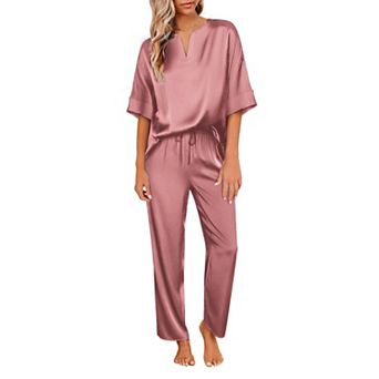 Ekouaer Satin Pajama Set Womens Silk Short Sleeve V Neck Shirt with Long Pant Soft Loungewear