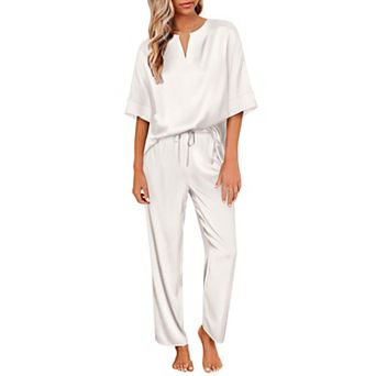 Ekouaer Satin Pajama Set Womens Silk Short Sleeve V Neck Shirt with Long Pant Soft Loungewear