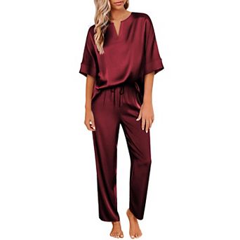 Ekouaer Satin Pajama Set Womens Silk Short Sleeve V Neck Shirt with Long Pant Soft Loungewear