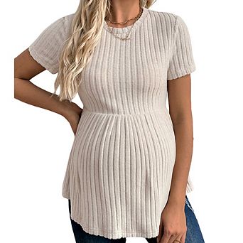 Women's Ruffle Hem Maternity T Shirt Short Sleeve Crew Neck Ribbed Knit Peplum Tee Tops