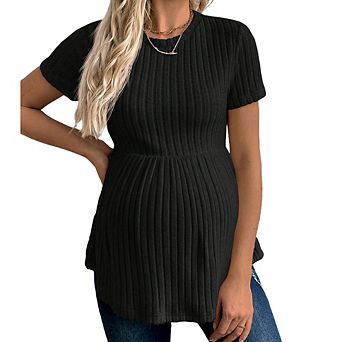 Women's Ruffle Hem Maternity T Shirt Short Sleeve Crew Neck Ribbed Knit Peplum Tee Tops