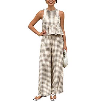 Women Check 2 pc Outfit Sleeveless Ruffle Peplum Top & Wide Leg Pants Set