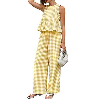 Women Check 2 pc Outfit Sleeveless Ruffle Peplum Top & Wide Leg Pants Set