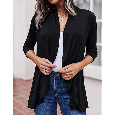Zeagoo Women s Open Front 3/4 Sleeve Draped Ruffles Knit Cardigan