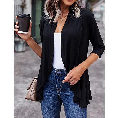 Zeagoo Women s Open Front 3/4 Sleeve Draped Ruffles Knit Cardigan