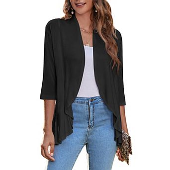 Zeagoo Women s Open Front 3/4 Sleeve Draped Ruffles Knit Cardigan