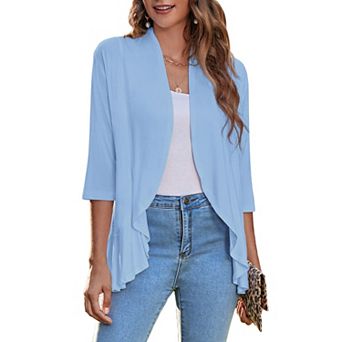 Zeagoo Women s Open Front 3/4 Sleeve Draped Ruffles Knit Cardigan
