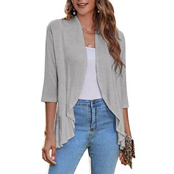 Zeagoo Women s Open Front 3/4 Sleeve Draped Ruffles Knit Cardigan