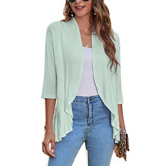 Zeagoo Women s Open Front 3/4 Sleeve Draped Ruffles Knit Cardigan