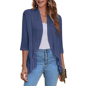 Zeagoo Women s Open Front 3/4 Sleeve Draped Ruffles Knit Cardigan