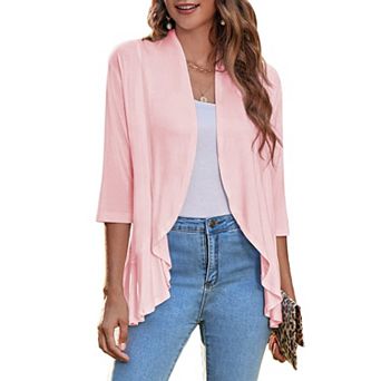 Zeagoo Women s Open Front 3/4 Sleeve Draped Ruffles Knit Cardigan