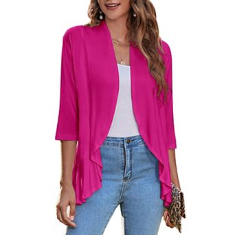 Zeagoo Women s Open Front 3/4 Sleeve Draped Ruffles Knit Cardigan
