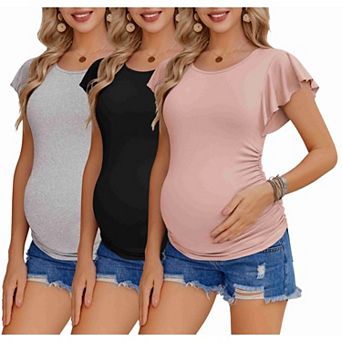 Ekouaer Women's Pregnancy Shirts 3 Packs Flying Short Sleeve Side Ruched Tunic Blouse Casual