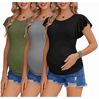 Ekouaer Women's Pregnancy Shirts 3 Packs Flying Short Sleeve Side Ruched Tunic Blouse Casual