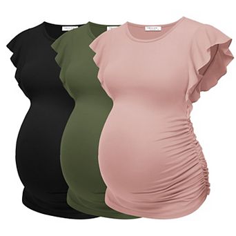 Ekouaer Women's Pregnancy Shirts 3 Packs Flying Short Sleeve Side Ruched Tunic Blouse Casual