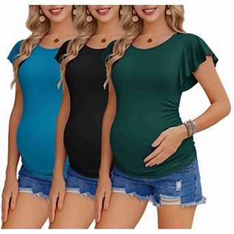 Ekouaer Women's Pregnancy Shirts 3 Packs Flying Short Sleeve Side Ruched Tunic Blouse Casual