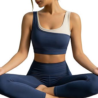 Women Colorblock Square Neck Sports Bra Medium Support Padded Workout Crop Top